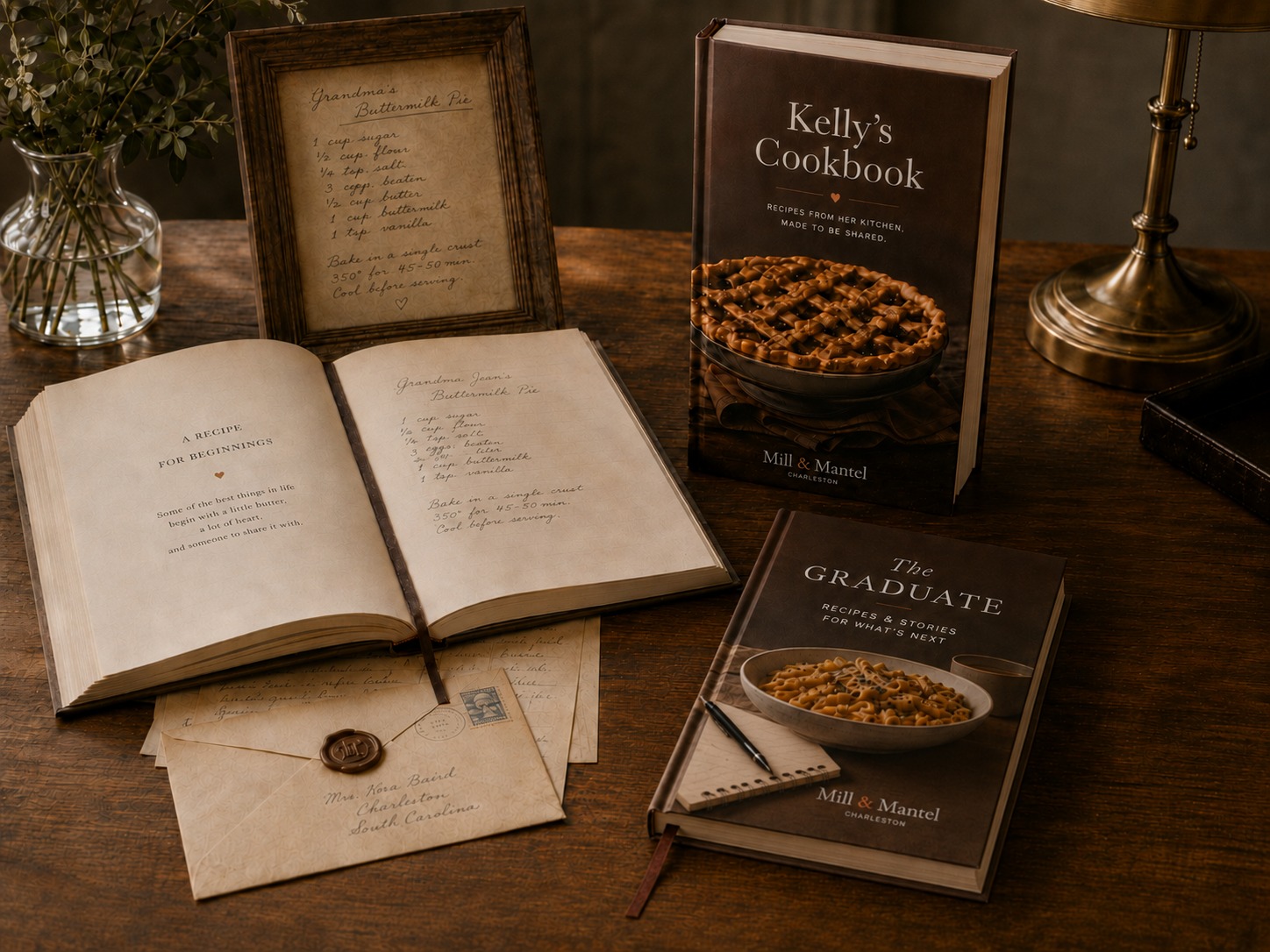 Kelly’s Cookbook and The Graduate on a lamp-lit Charleston desk