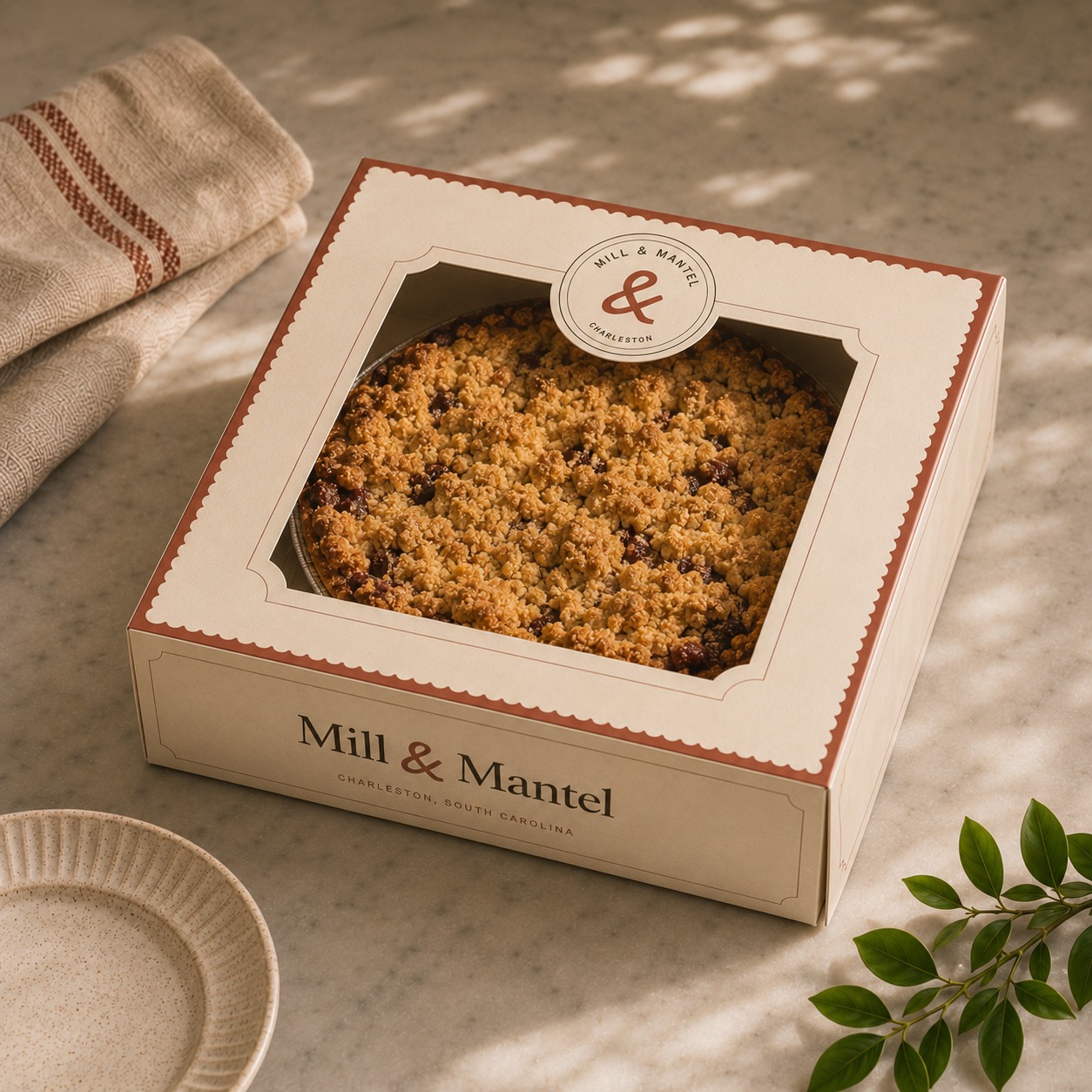 A streusel-topped pie in a Mill & Mantel window box