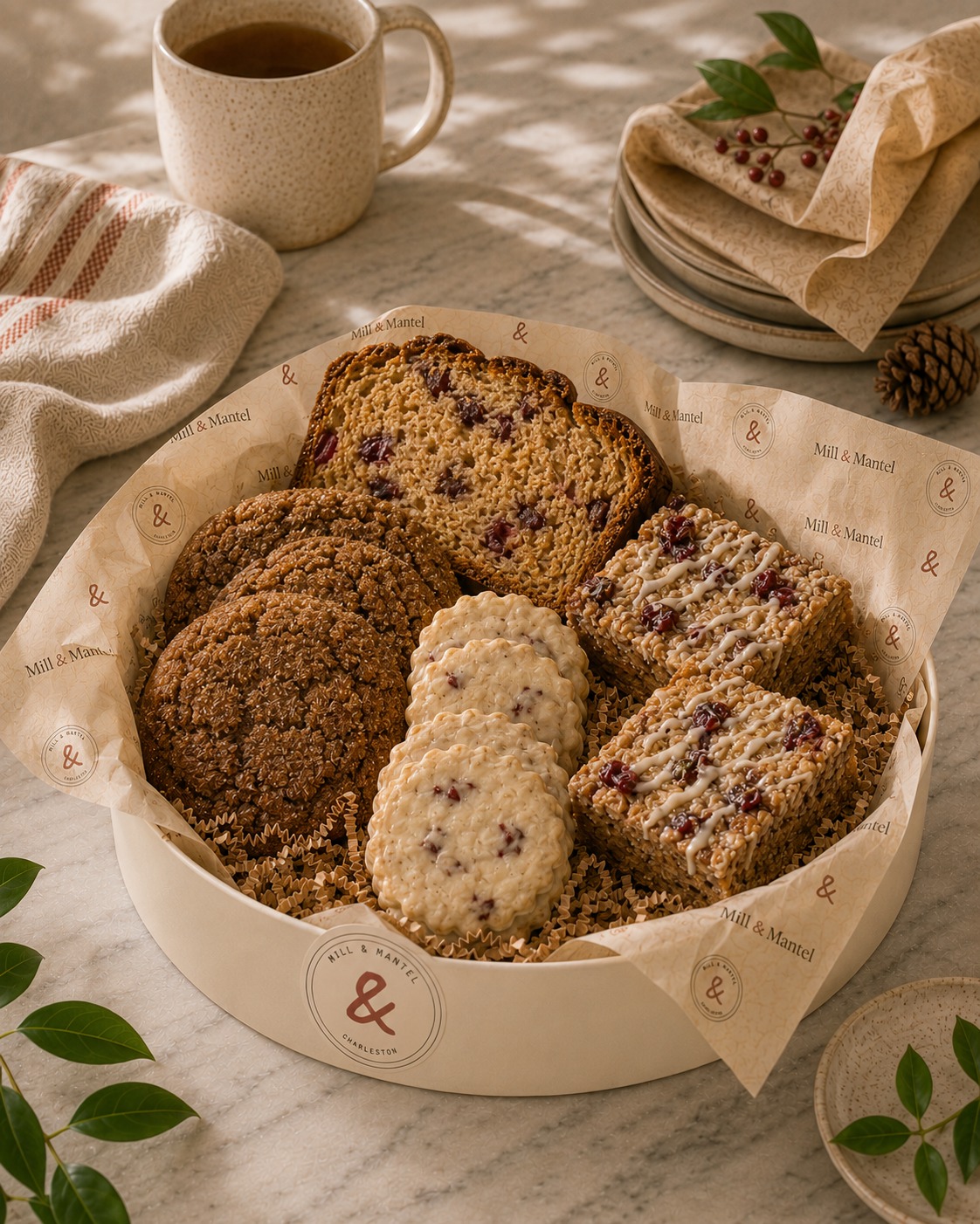 A seasonal tin of cookies, bars and cranberry loaf